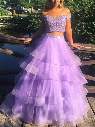 A-line Off-the-shoulder Tulle Sweep Train Beading Prom Dresses #Favs020107594