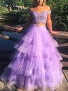 A-line Off-the-shoulder Tulle Sweep Train Beading Prom Dresses #Favs020107594