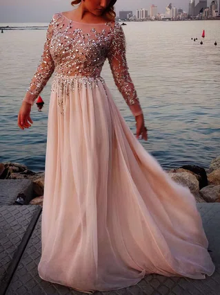 A-line Scoop Neck Tulle Chiffon Sweep Train Beading Prom Dresses #Favs02016063