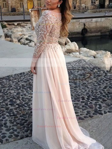 A-line Scoop Neck Tulle Chiffon Sweep Train Beading Prom Dresses #Favs02016063
