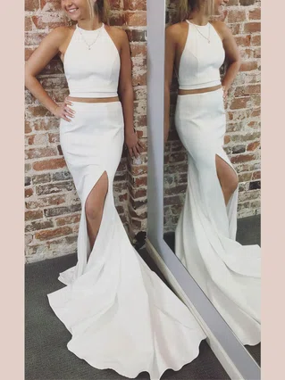 Trumpet/Mermaid Scoop Neck Satin Sweep Train Split Front Prom Dresses #Favs020107598 Trumpet/Mermaid Scoop Neck Satin Sweep Train Split Front Prom Dresses #Favs020107598