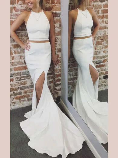 Trumpet/Mermaid Scoop Neck Satin Sweep Train Split Front Prom Dresses #Favs020107598