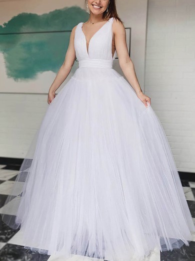 A-line V-neck Tulle Sweep Train Prom Dresses #Favs020107600