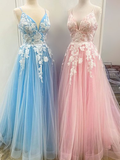 A-line V-neck Tulle Sweep Train Appliques Lace Prom Dresses #Favs020107605