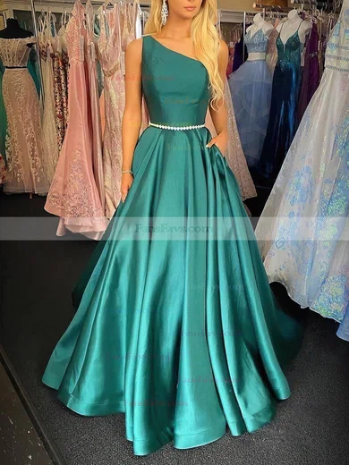 A-line One Shoulder Satin Sweep Train Beading Prom Dresses #Favs020107606