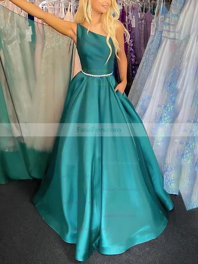 A-line One Shoulder Satin Sweep Train Beading Prom Dresses #Favs020107606