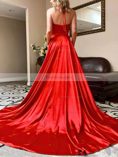 A-line Halter Silk-like Satin Sweep Train Pockets Prom Dresses #Favs020107607