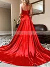 A-line Halter Silk-like Satin Sweep Train Pockets Prom Dresses #Favs020107607