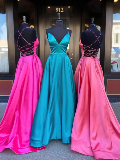 A-line V-neck Satin Sweep Train Prom Dresses #Favs020107608