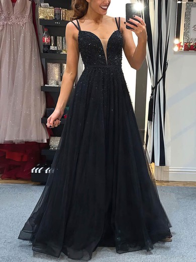 A-line V-neck Tulle Sweep Train Beading Prom Dresses #Favs020107616