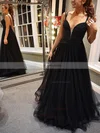 A-line V-neck Tulle Sweep Train Beading Prom Dresses #Favs020107616