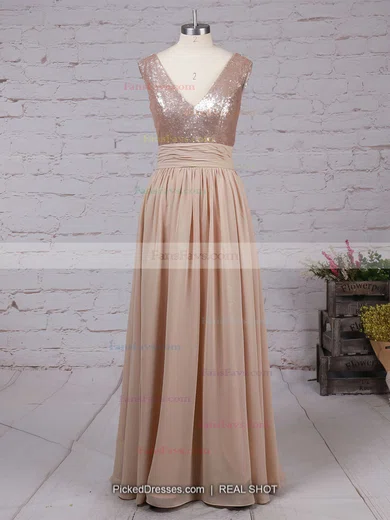 A-line V-neck Chiffon Sequined Floor-length Prom Dresses #Favs02016329
