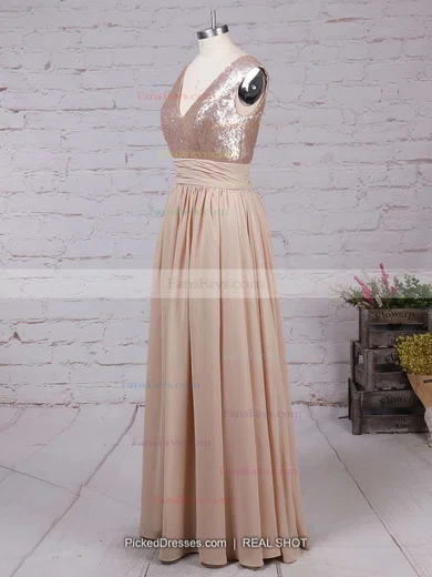 A-line V-neck Chiffon Sequined Floor-length Prom Dresses #Favs02016329