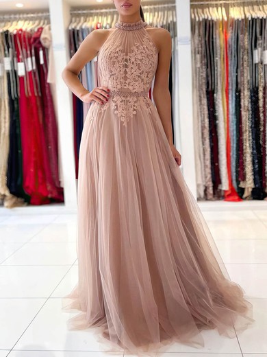 A-line High Neck Tulle Sweep Train Beading Prom Dresses #Favs020107619