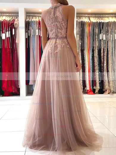 A-line High Neck Tulle Sweep Train Beading Prom Dresses #Favs020107619