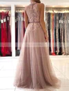A-line High Neck Tulle Sweep Train Beading Prom Dresses #Favs020107619