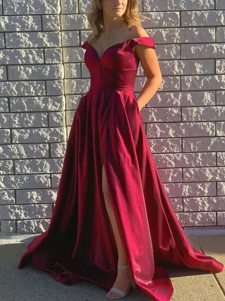 A-line Off-the-shoulder Satin Sweep Train Pockets Prom Dresses #Favs020107624 A-line Off-the-shoulder Satin Sweep Train Pockets Prom Dresses #Favs020107624