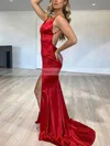 Trumpet/Mermaid V-neck Silk-like Satin Sweep Train Ruffles Prom Dresses #Favs020107626