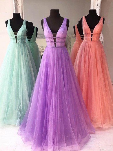 A-line V-neck Tulle Sweep Train Beading Prom Dresses #Favs020107627