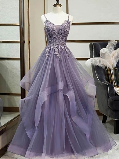 A-line V-neck Tulle Sweep Train Appliques Lace Prom Dresses #Favs020107628