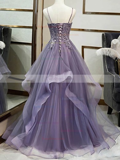 A-line V-neck Tulle Sweep Train Appliques Lace Prom Dresses #Favs020107628