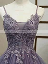 A-line V-neck Tulle Sweep Train Appliques Lace Prom Dresses #Favs020107628