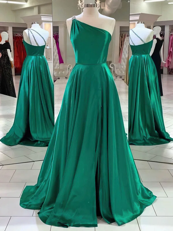 A-line One Shoulder Silk-like Satin Sweep Train Split Front Prom Dresses #Favs020107630