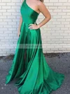 A-line One Shoulder Silk-like Satin Sweep Train Split Front Prom Dresses #Favs020107630