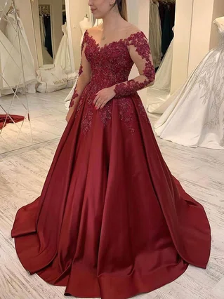 A-line Scoop Neck Satin Sweep Train Appliques Lace Prom Dresses #Favs020107632 A-line Scoop Neck Satin Sweep Train Appliques Lace Prom Dresses #Favs020107632