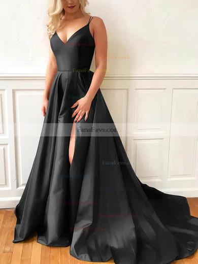 A-line V-neck Satin Sweep Train Split Front Prom Dresses #Favs020107635
