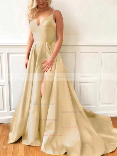 A-line V-neck Satin Sweep Train Split Front Prom Dresses #Favs020107635