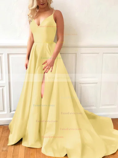 A-line V-neck Satin Sweep Train Split Front Prom Dresses #Favs020107635