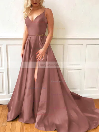 A-line V-neck Satin Sweep Train Split Front Prom Dresses #Favs020107635