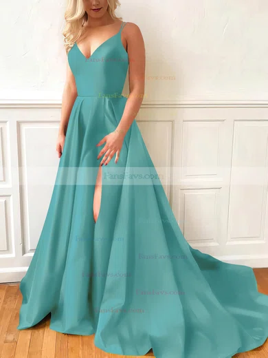 A-line V-neck Satin Sweep Train Split Front Prom Dresses #Favs020107635
