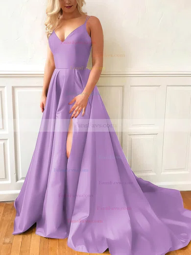 A-line V-neck Satin Sweep Train Split Front Prom Dresses #Favs020107635