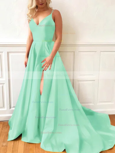 A-line V-neck Satin Sweep Train Split Front Prom Dresses #Favs020107635