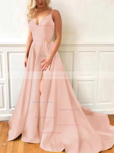 A-line V-neck Satin Sweep Train Split Front Prom Dresses #Favs020107635