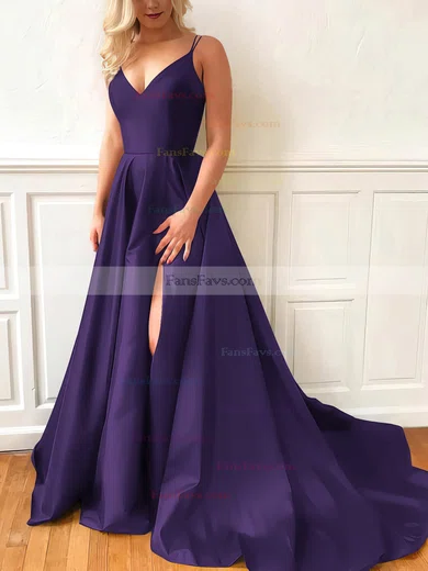 A-line V-neck Satin Sweep Train Split Front Prom Dresses #Favs020107635