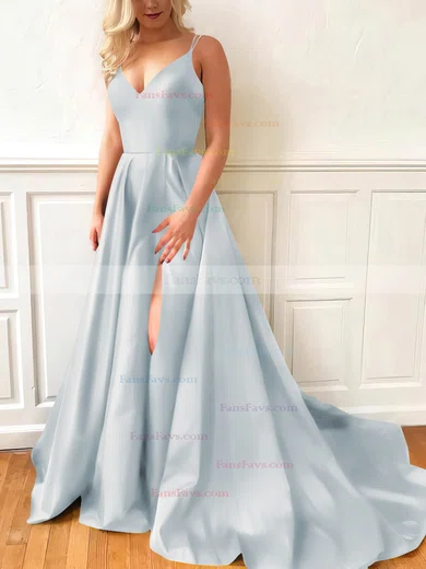 A-line V-neck Satin Sweep Train Split Front Prom Dresses #Favs020107635