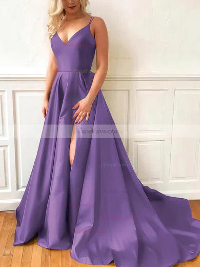 A-line V-neck Satin Sweep Train Split Front Prom Dresses #Favs020107635