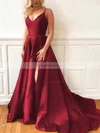 A-line V-neck Satin Sweep Train Split Front Prom Dresses #Favs020107635