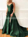 A-line V-neck Satin Sweep Train Split Front Prom Dresses #Favs020107635