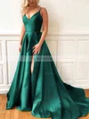 A-line V-neck Satin Sweep Train Split Front Prom Dresses #Favs020107635