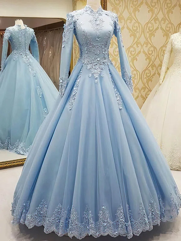 Ball Gown High Neck Satin Sweep Train Appliques Lace Prom Dresses #Favs020107637