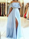 A-line Off-the-shoulder Silk-like Satin Sweep Train Beading Prom Dresses #Favs020107638