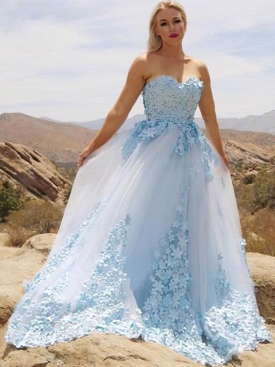 A-line Sweetheart Tulle Sweep Train Appliques Lace Prom Dresses #Favs020107639