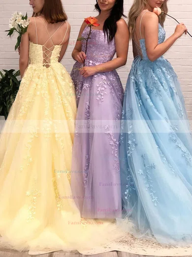 A-line Square Neckline Tulle Sweep Train Appliques Lace Prom Dresses #Favs020107643