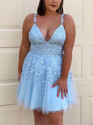 A-line V-neck Tulle Short/Mini Appliques Lace Short Prom Dresses #Favs020107645 A-line V-neck Tulle Short/Mini Appliques Lace Short Prom Dresses #Favs020107645