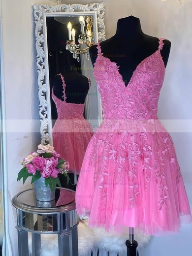 A-line V-neck Tulle Short/Mini Appliques Lace Short Prom Dresses #Favs020107645