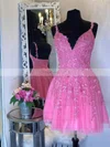 A-line V-neck Tulle Short/Mini Appliques Lace Prom Dresses #Favs020107645